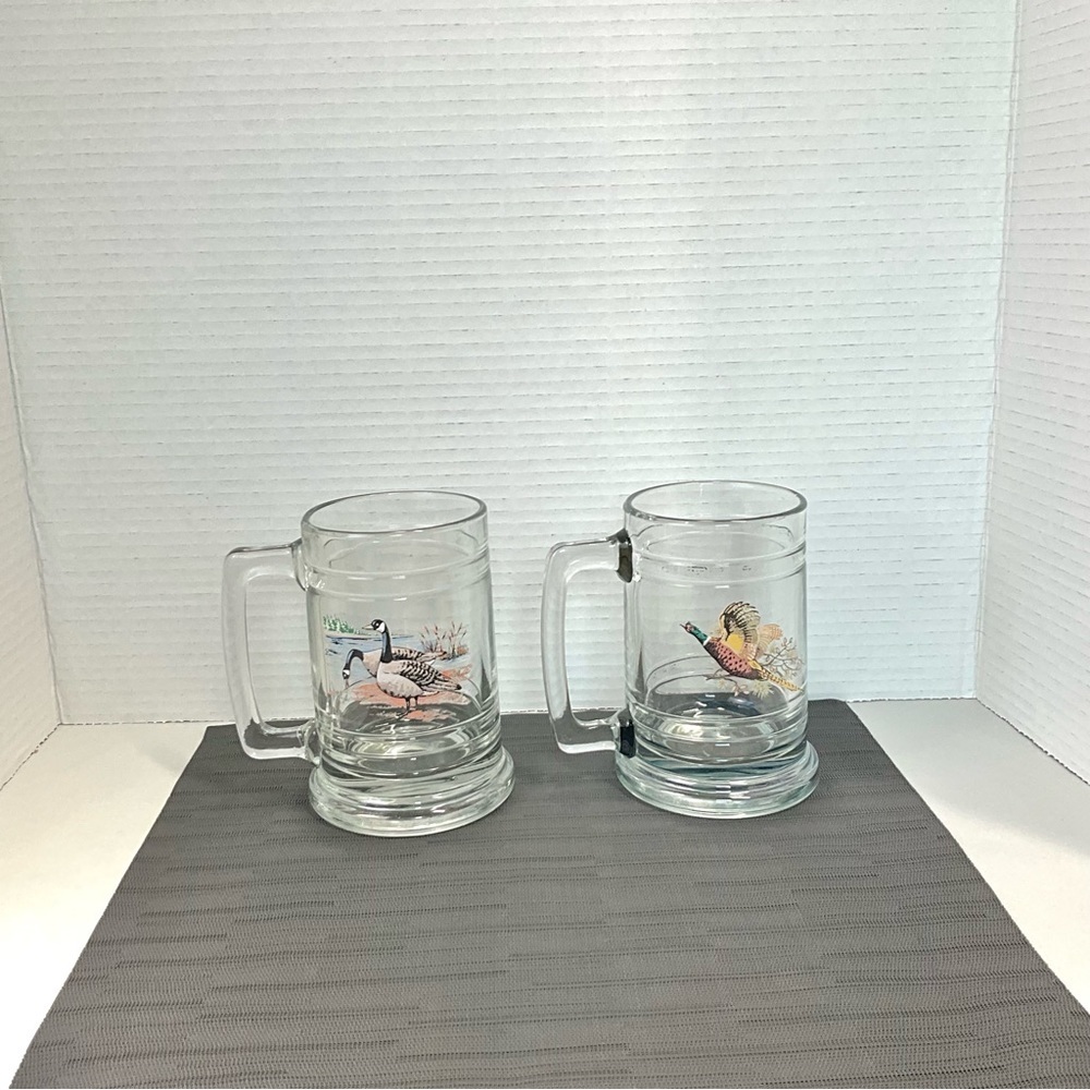 Vintage Princess House Glass Beer Mugs Hunter Series Canadian Geese & Pheasant